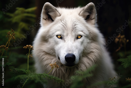 White wolf in the wild closeup