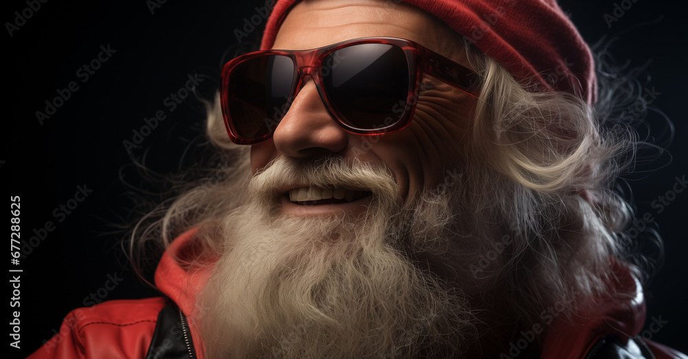 a modern hipster Santa Claus in glasses and a hoodie on dark background, ai generated a modern hipster Santa Claus in glasses and a hoodie on dark background, ai generated