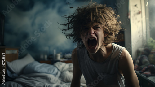 Angry teenager in his room, adolescent period concept, ai generated photo