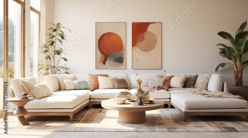 living room contemporary home interior design mockup sofa with artwork photo frame on plain accent wall decorating cosy simplicity room ideas design living room design nature colour scheme daylight