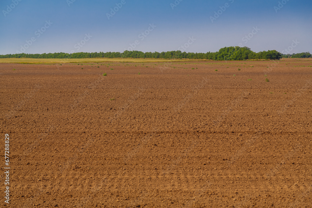 A plowed field prepared for planting crops.
