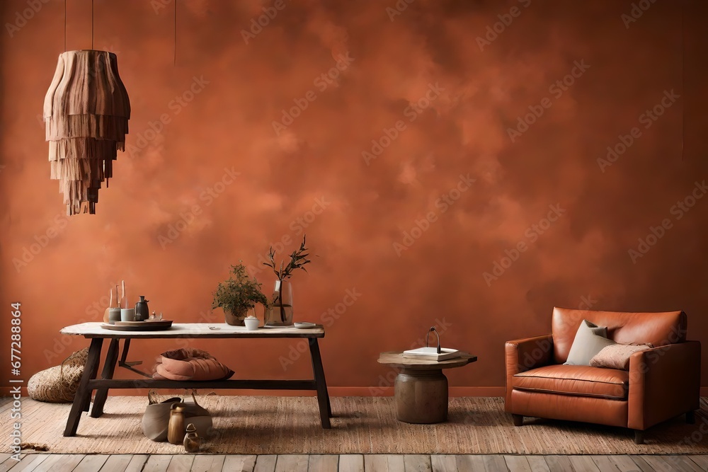 brown color interior design with sofa set and table with things placed on it with flowers bottle and back wall in brown color interior of the modern world text copy space 