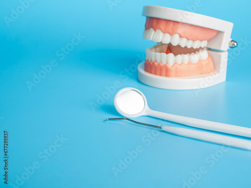 medical instrument mirror and probe for examinations, prevention of dental diseases, dentist examination, isolated on background