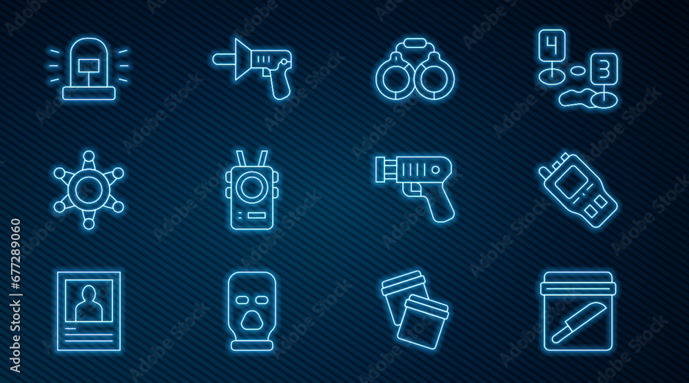Set line Evidence bag with knife, Walkie talkie, Handcuffs, Police body camera, Hexagram sheriff, Flasher siren, electric shocker and megaphone icon. Vector Set line Evidence bag with knife, Walkie talkie, Handcuffs, Police body camera, Hexagram sheriff, Flasher siren, electric shocker and megaphone icon. Vector