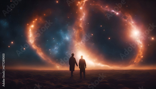 Couple in love looking at starry sky. 3D rendering