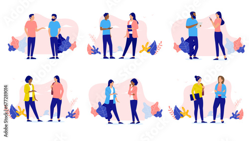 People talking together collection - Set of illustrations with professional characters having dialogue and conversation face to face standing in casual clothes. Flat design with white background