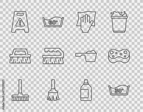 Set line Handle broom, Temperature wash, Cleaning service, Feather, Wet floor, Brush for cleaning, Bottle agent and Sponge icon. Vector