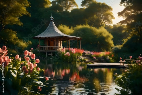 Capture the serene essence of a flower garden oasis, with a quaint hut overlooking a glistening lake. Let the camera immortalize this picturesque view in a captivating photograph.