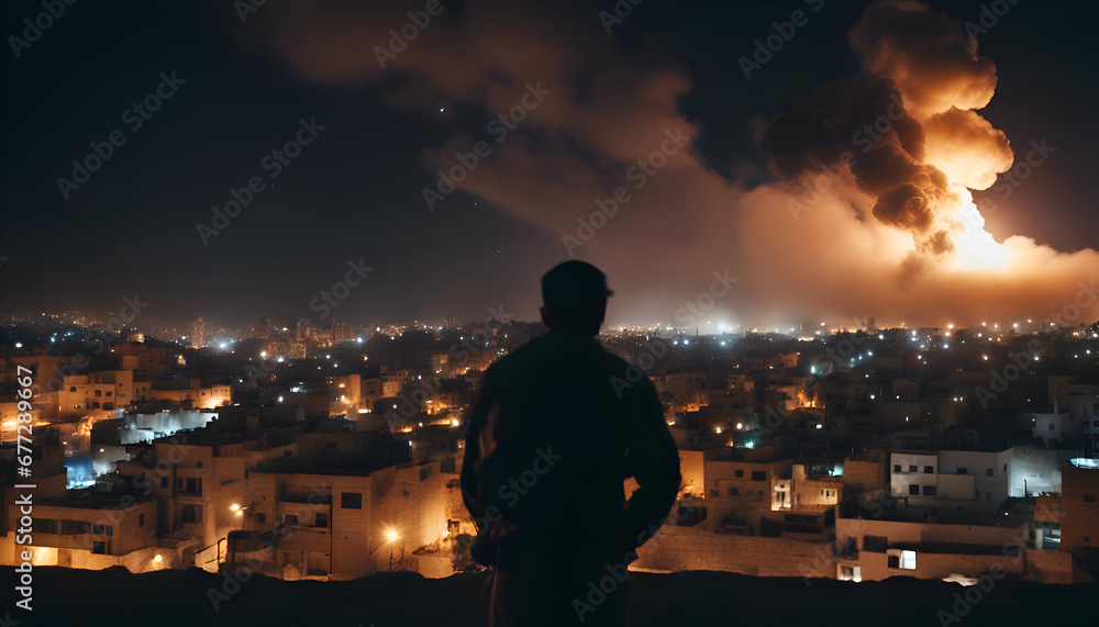 A man stands in front of a huge fire in the city.