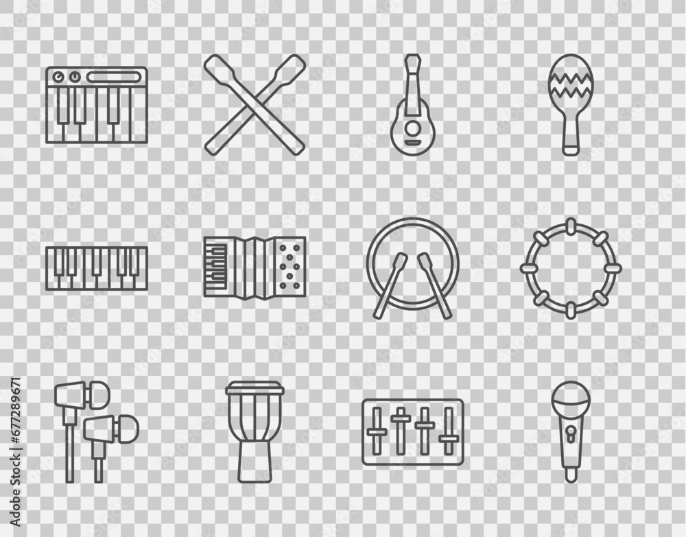 Set line Air headphones, Microphone, Guitar, Drum, Music synthesizer, Accordion, Sound mixer controller and Tambourine icon. Vector Set line Air headphones, Microphone, Guitar, Drum, Music synthesizer, Accordion, Sound mixer controller and Tambourine icon. Vector