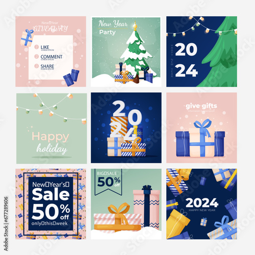 A set of posts for Instagram. New Year's posts with giveaways, gifts, parties, discounts. A set of posts for social networks. Card design for the Internet