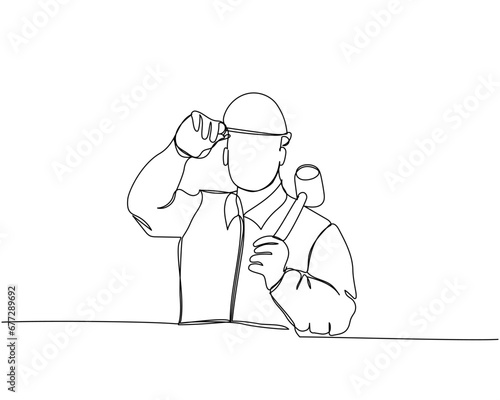 Builder with hammer in working uniform, protective overalls, hard hat, safety one line art. Continuous line drawing of repair, professional, hand, people, concept, support, maintenance.