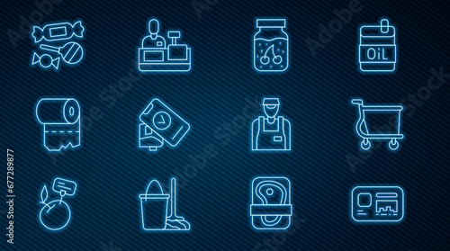 Set line Identification badge, Shopping cart, Jam jar, POS terminal, Toilet paper roll, Candy, Seller and Cashier cash register icon. Vector