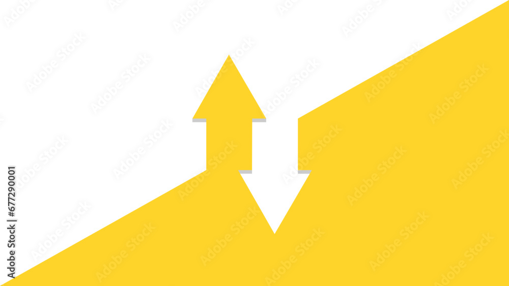 Two arrows in opposite directions, one going up and one going down. Yellow and white background. - obrazy, fototapety, plakaty 