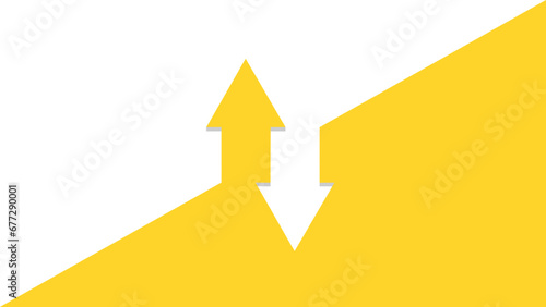 Two arrows in opposite directions, one going up and one going down. Yellow and white background. photo