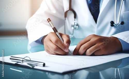 Medical professional’s hands writing on a document