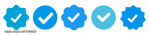 Instagram, Facebook, Twitter, Tiktok, Telegram set verified profile badges. Blue check mark verified account icons. Account verification icon. Guaranteed safety person sign. Approved tick profile