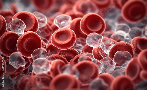 Close-up image of human blood cells under a microscope, highlighting the intricate details of red and white blood cells.