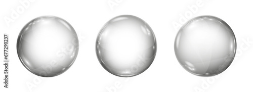 Big translucent gray 3D crystal magic sphere with glares. Glass transparent ball set, water droplets isolated – stock vector