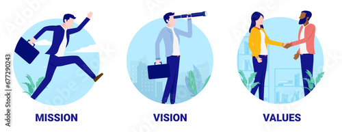 Business mission vision values - Vector illustration of core values with people representing corporate company principles. Flat design with oval round frames on white background