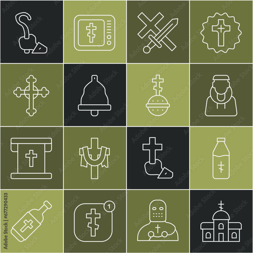 Set line Church building, Holy water bottle, Monk, Crusade, bell, Christian cross, Magic staff and icon. Vector Set line Church building, Holy water bottle, Monk, Crusade, bell, Christian cross, Magic staff and icon. Vector