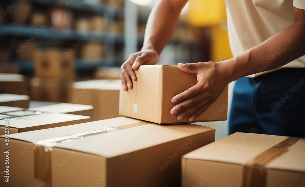 Man's hands carefully taping a cardboard box in an e-commerce warehouse. Man's hands carefully taping a cardboard box in an e-commerce warehouse.