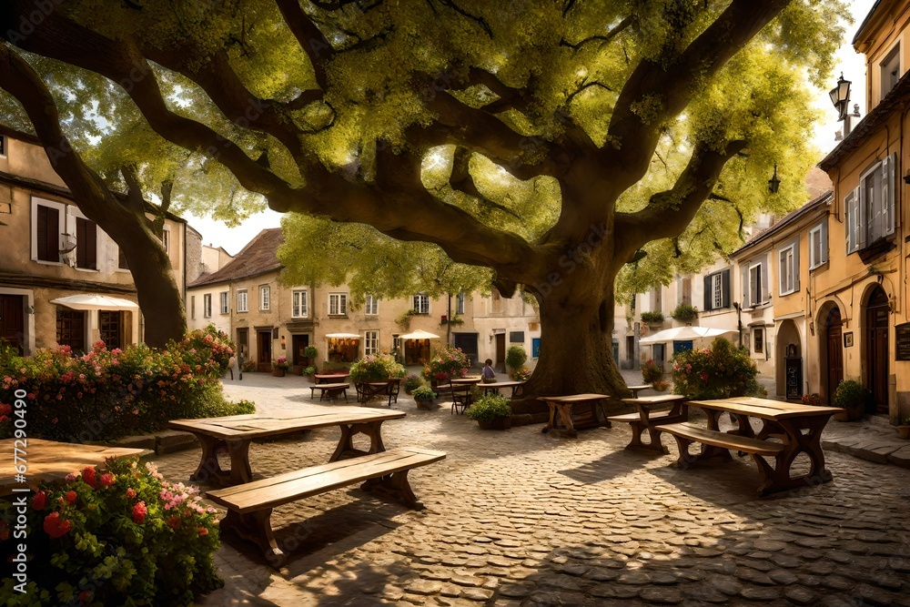 A peaceful village square, where a centuries-old oak tree provides shade to benches and cobblestone pathways lined with flowers.