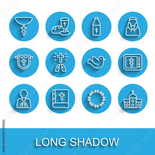 Set line Hands in praying position, Holy bible book, Christian cross chain, Crown of thorns, Church building, Online church pastor preaching and Dove icon. Vector