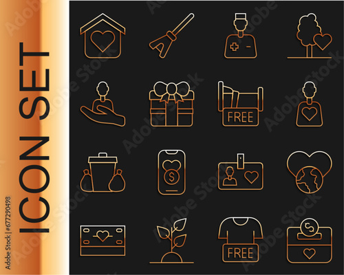Set line Donation and charity, The heart world - love, Volunteer, Male doctor, Gift box, Caring for people, Shelter homeless and Free overnight stay house icon. Vector