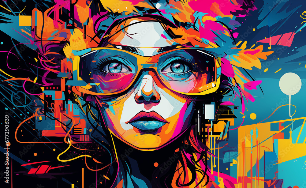 Vibrant Pop Art style that showcases woman at the world of blockchain and cryptocurrencies and NFT.