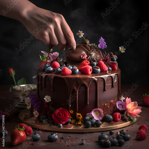 Chocolate cake decorated with fresh berries and flowers on a dark background
