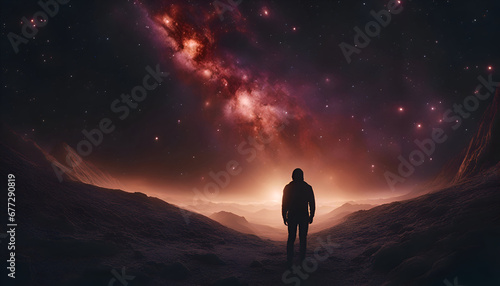 Man looking at a beautiful space landscape. 3D Rendering.