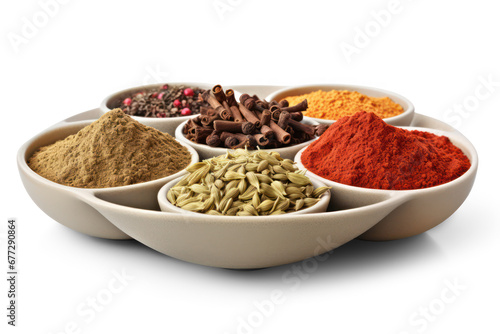 various Indian spices and seasonings on wooden plates isolated over a transparent, png file