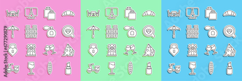 Set line Lipstick, Cheese, Coffee cup, Paper shopping bag, Notre Dame de Paris, Umbrella for beach, French cafe and Perfume icon. Vector