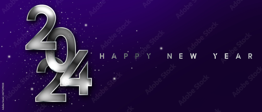 Happy New Year 2024. Shiny silver metallic numbers on purple background Happy New Year 2024. Shiny silver metallic numbers on purple background