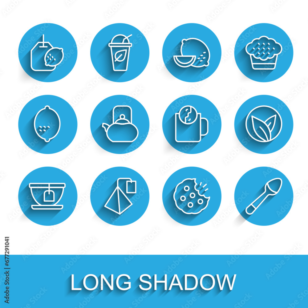 Set line Cup with tea bag, Tea, lemon, Cookie or biscuit, Teaspoon, Kettle handle, leaf and time icon. Vector