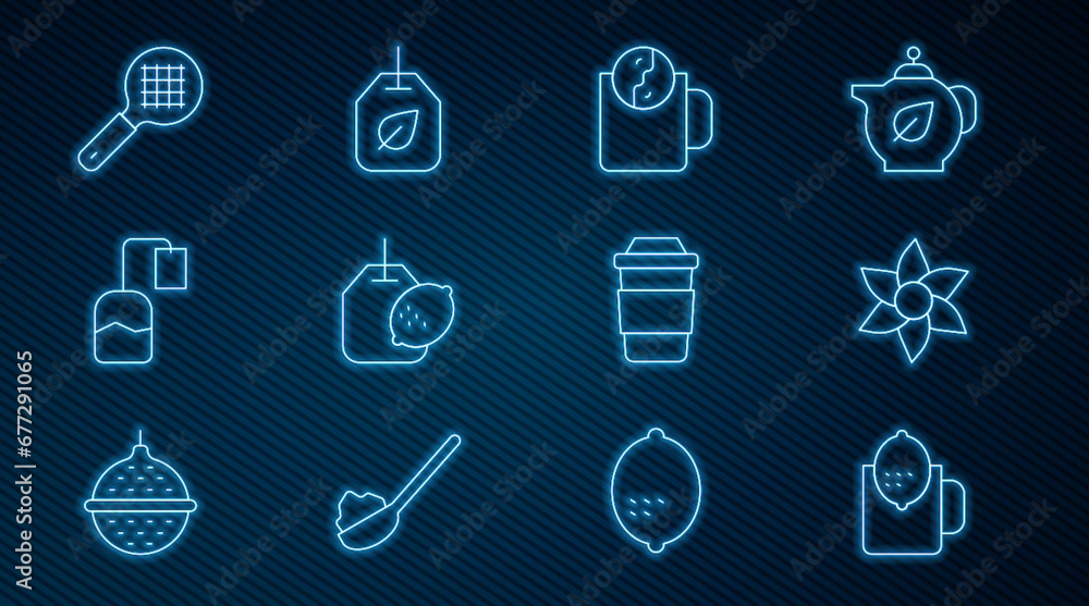 Set line Cup of tea with lemon, Flower, Tea time, bag, strainer handle, and leaf icon. Vector Set line Cup of tea with lemon, Flower, Tea time, bag, strainer handle, and leaf icon. Vector