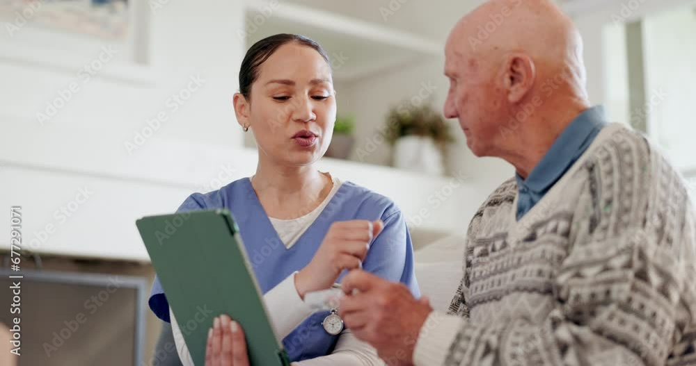 Retirement home, man and nurse with pills, tablet and explain for medical, prescription and elderly. Healthcare, wellness and care for illness, treatment or drugs for health, vitamins or supplements Retirement home, man and nurse with pills, tablet and explain for medical, prescription and elderly. Healthcare, wellness and care for illness, treatment or drugs for health, vitamins or supplements