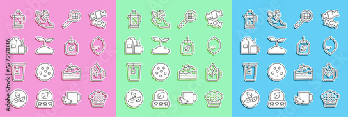 Set line Muffin, Cup of tea with leaf, Lemon, Tea strainer handle, milk, French press and bag icon. Vector