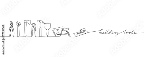 Building repair tools one line art. Continuous line drawing of repair, professional, service, concept, support, maintenance, work, technician with inscription, lettering, handwritten.