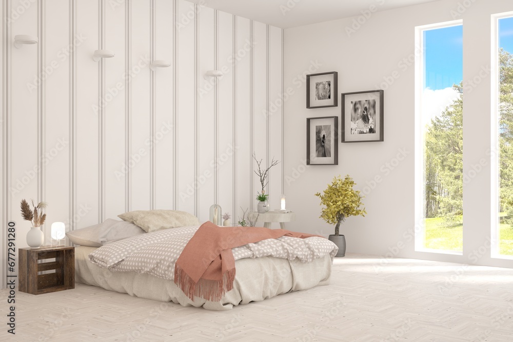 White bedroom concept. Scandinavian interior design. 3D illustration White bedroom concept. Scandinavian interior design. 3D illustration