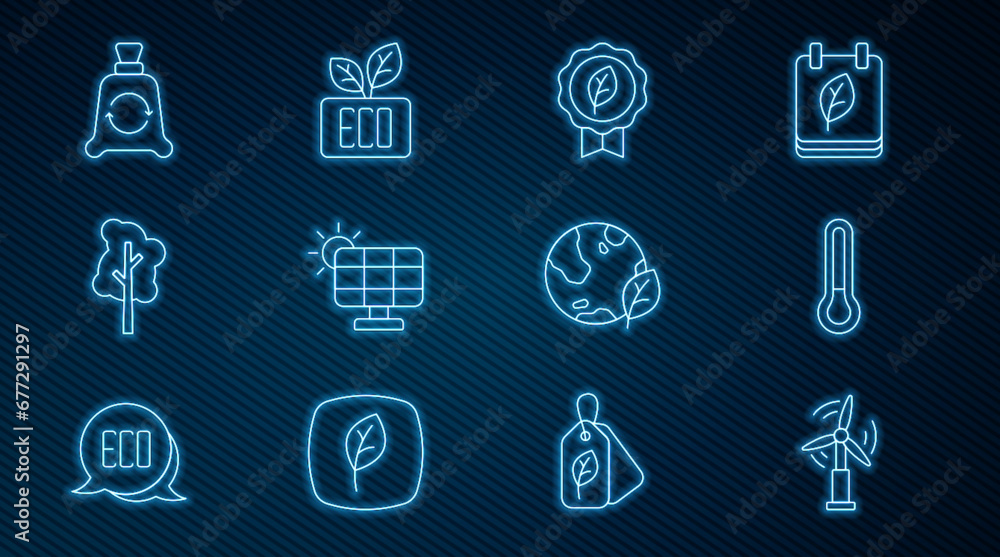 Set line Wind turbine, Thermometer, Leaf Eco symbol, Solar energy panel, Tree, Garbage bag with recycle, Earth globe and leaf and icon. Vector Set line Wind turbine, Thermometer, Leaf Eco symbol, Solar energy panel, Tree, Garbage bag with recycle, Earth globe and leaf and icon. Vector