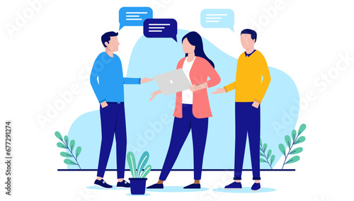 Work discussion - Group of three business people standing, talking and having a discussion together in office workplace. Flat design vector illustration with white background