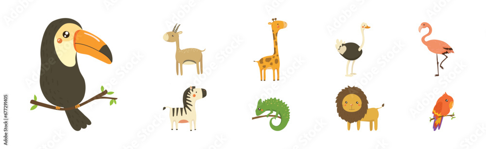 Naklejka premium Funny African Animals and Zoo Fauna Vector Set