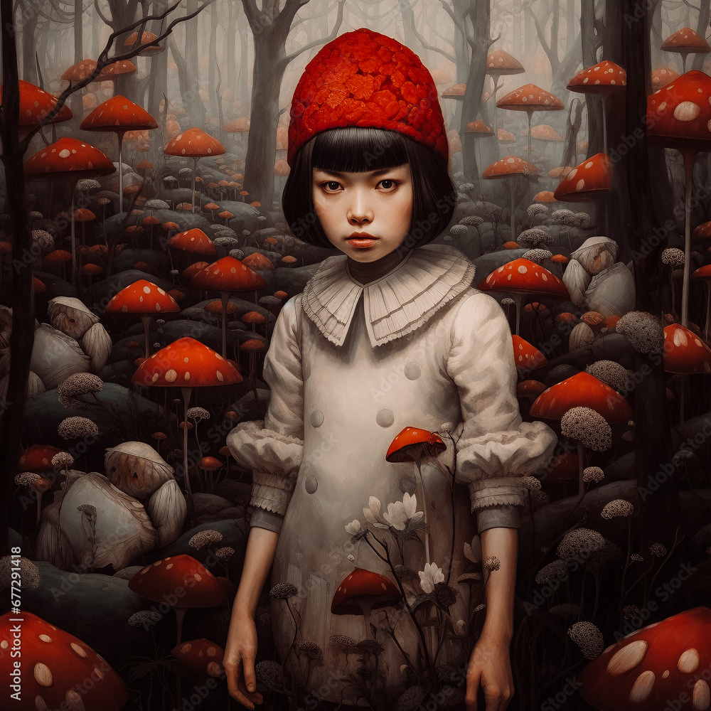 Portrait d'une petite fille dans un monde étrange avec des poissons volants autour d'elle Portrait d'une petite fille dans un monde étrange avec des poissons volants autour d'elle