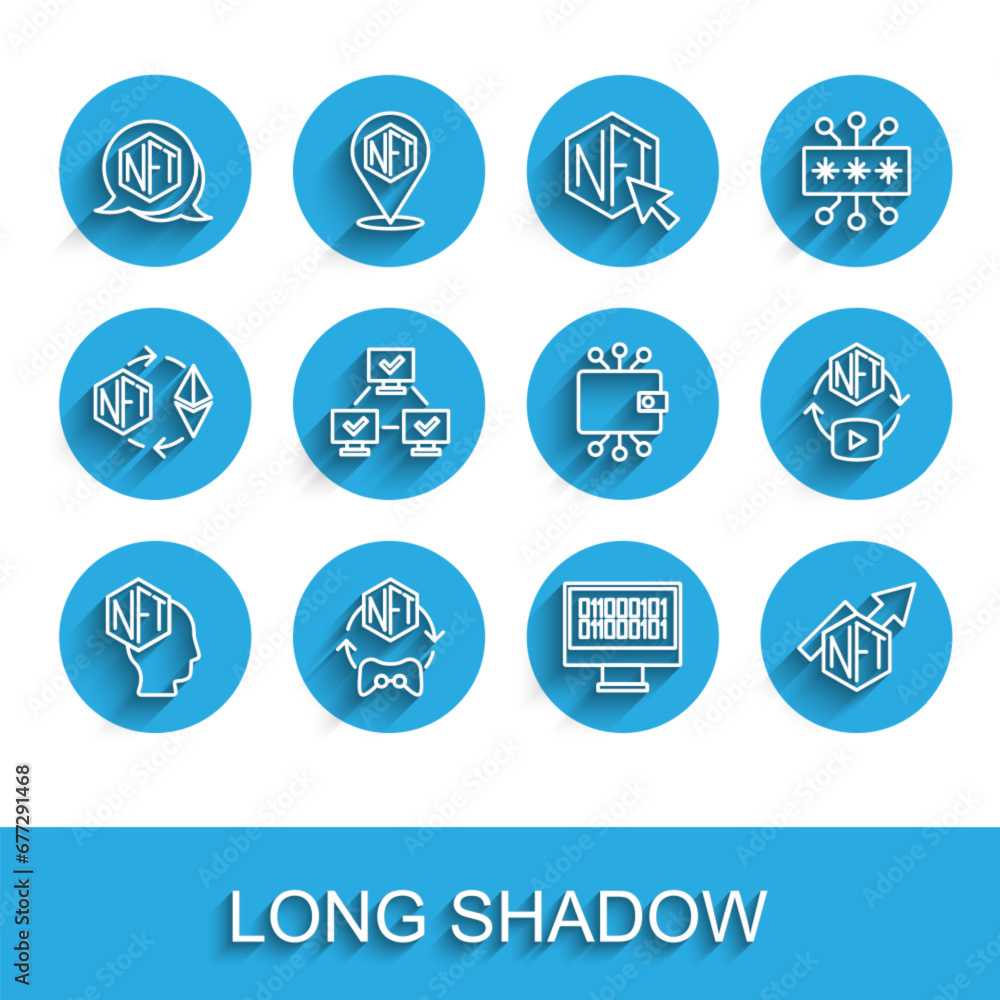 Set line NFT Digital crypto art, Binary code, growth bar chart, blockchain technology, and Cryptocurrency wallet icon. Vector