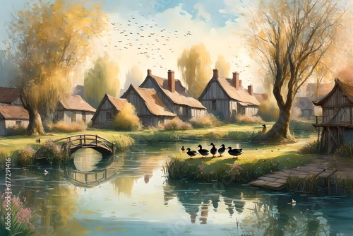 A tranquil village pond surrounded by weeping willows, their branches gently swaying in the breeze as ducks glide on the water.