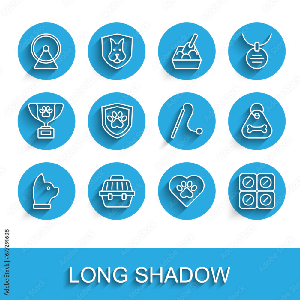 Set line Cat, Pet carry case, Hamster wheel, Heart with animals footprint, Dog pill, Animal health insurance, collar bone and cat toy icon. Vector Set line Cat, Pet carry case, Hamster wheel, Heart with animals footprint, Dog pill, Animal health insurance, collar bone and cat toy icon. Vector
