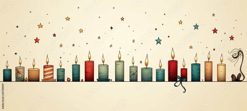 Christmas candles cartoon line art style minimalism on light beige background. Christmas theme illustration. Copy space. Horizontal format for banners, posters, gift cads, advertising. AI generated. Christmas candles cartoon line art style minimalism on light beige background. Christmas theme illustration. Copy space. Horizontal format for banners, posters, gift cads, advertising. AI generated.