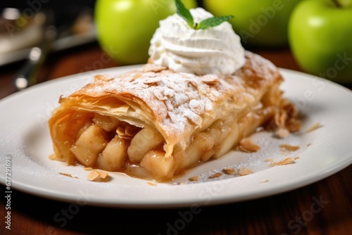 piece of classic apple strudel with white cream or ice cream and meant. Austrian cuisine. apple photo
